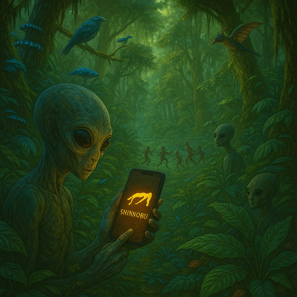 Alien in forest holding glowing phone